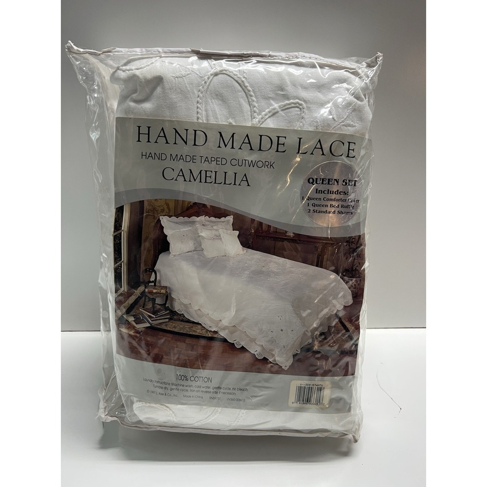 NEW NOS Vintage Hand Made Lace Cutwork Blanket Cover Queen Set White Cotton